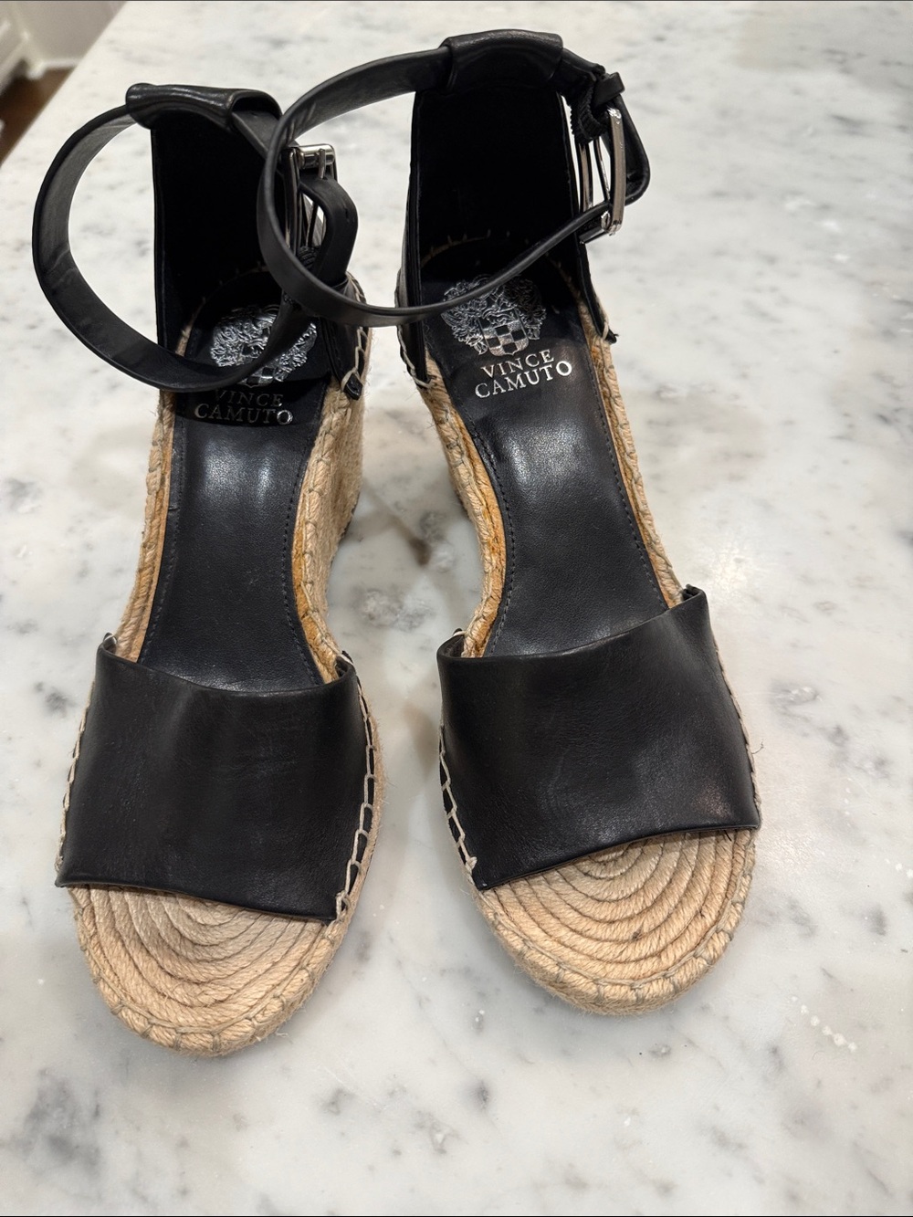 Vince Camuto Black Leather Espadrille Ankle-Strap Jute Wedge Sandals